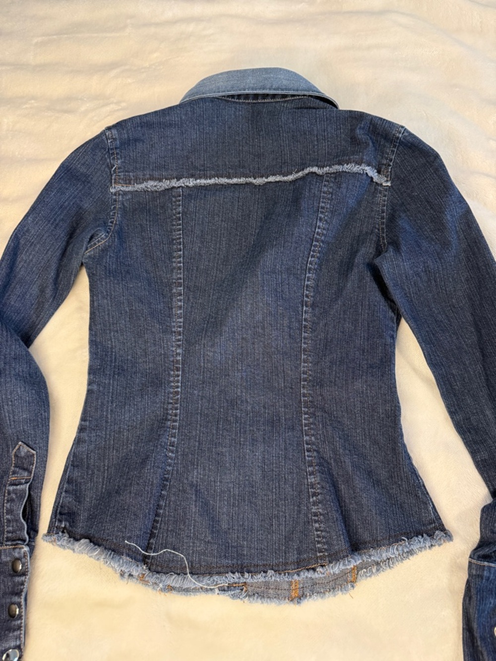 Bebe Vintage Y2K Fitted Frayed Denim Snap Front Shirt USA - Picture 7 of 9